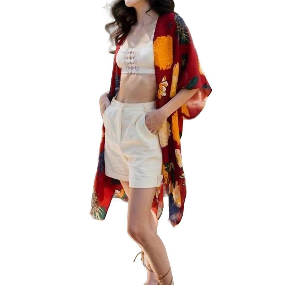 NEW LETO floral motif boho festival cover up kimono in crimson